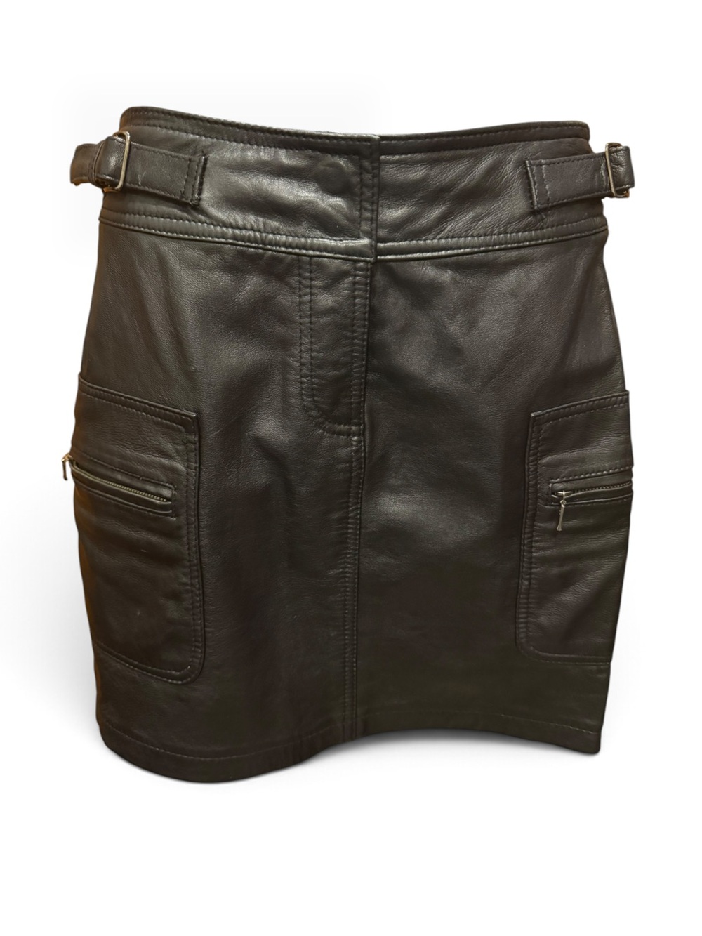 Faux Leather Black Midi Skirt with Buckle Waist and Zip Pockets
